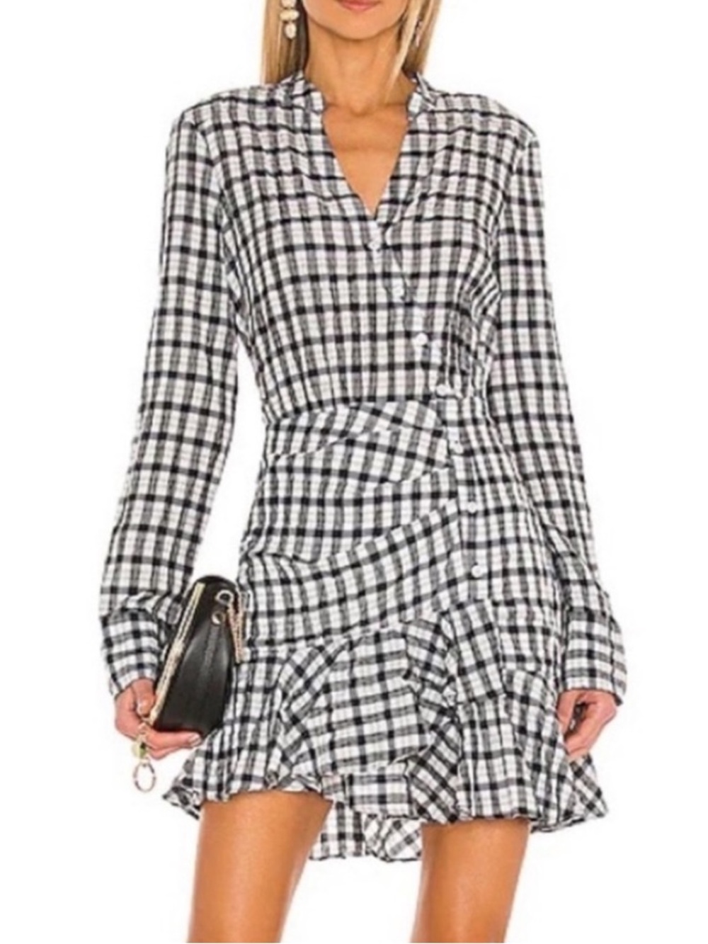 NWOT Veronica Beard Sherry Black White Plaid Long Sleeve Ruffle Mini Dress.